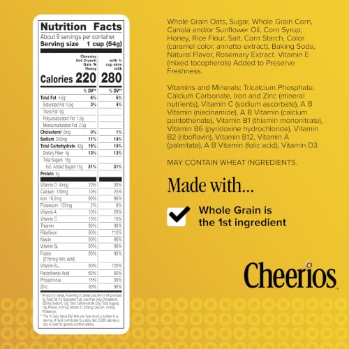 Image of Cheerios Oat Crunch Oats 'N Honey Breakfast Cereal, Made with Whole Grain, Large Size, 18.2 oz