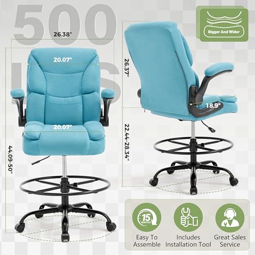 Image of 500LBS Drafting Chair, High Back Safer Standing Desk Chair, Executive Tall Office Chair with Flip-up Armrests, Upholstered Fabric Task Chair, Ergonomic Seat with Adjustable Height&Foot Ring, Blue