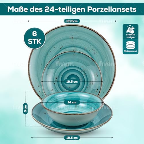 PORZELLAN Tafelservice Geschirrset 24-teilig handbemalt, kratzfest für 6 Personen | 6x Essteller, 6x tiefe Suppenteller, 6x Dessertteller und 6x Schüsseln | Türkis spiral