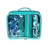 Conair 5 Piece Toiletry and Cosmetic Bag Set Under $30, Includes 4 Makeup Bags and 1 Travel Comb in Teal Palm Prints