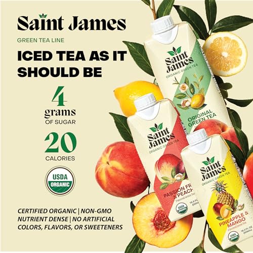 Saint James Iced Tea | Passion Fruit & Peach Organic Green Tea | Organic, Non-GMO Green Tea, 12 Pack (16.9oz each) - Image 4
