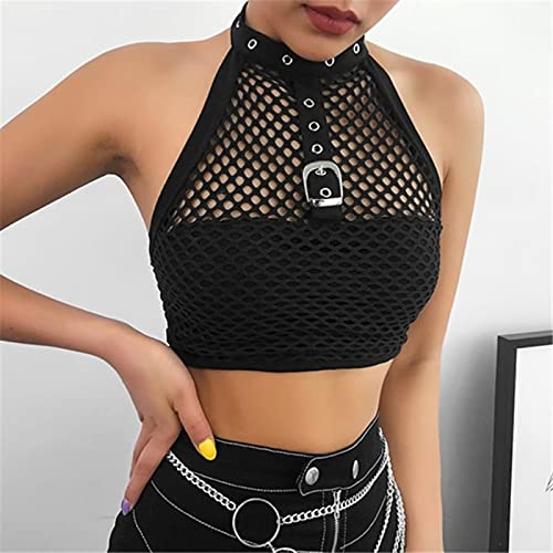ZYONG Mesh Fishnet Culture Top Femmes Voir à Travers l'été Vêtements Femelle Streetwear Streetwear Gothic Hollow Out Sexy Black Halter Débardeur Cover
