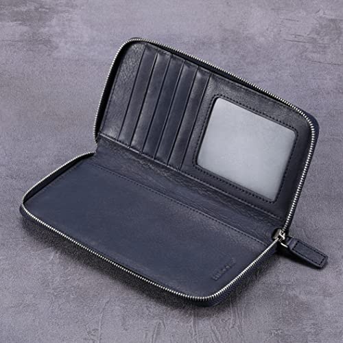 Image of HISCOW Leather Checkbook Cover, Zippered Wallet, Aniline Leather Blue | Full grain cowhide, 5cc & ID window, personal check book & register pockets, removable duplicate divider, women secure zipper