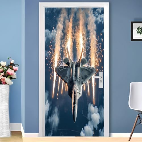 Sticker de porte 90x200 cm avion de combat moderne décoratif 3D