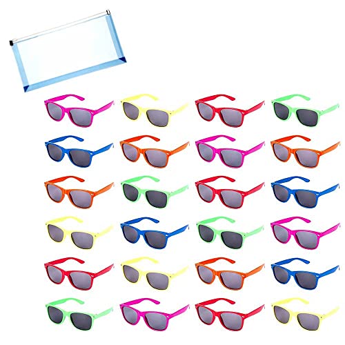 Omura Party Supply | 24 Pc Neon Kids Sunglasses | Bonus: Multi-Purpose #10 Size Pouch (Color May Vary)