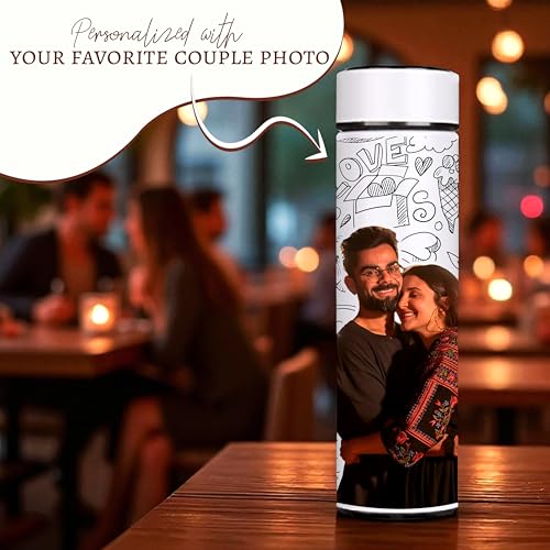 Image of Savri Personalized Stainless Steel White Water Bottle with Your Photo /Wishes /Logo Printed Best for School Going Kids /Return Gift /Christmas /New Year /Festival Gift Item | 500ml (Couple)