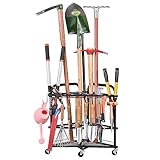 PLKOW Garden Tool Organizer with Wheels and Storage Hooks, Rolling Corner Tool Storage Rack for Garden, Shed, Garage, Powder Coated Steel, Black