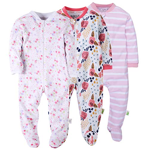 Pink Flowers Baby Girls' Footed Pajama - 100% Cotton Zip Front Sleep and Play Sleeper 18 Months