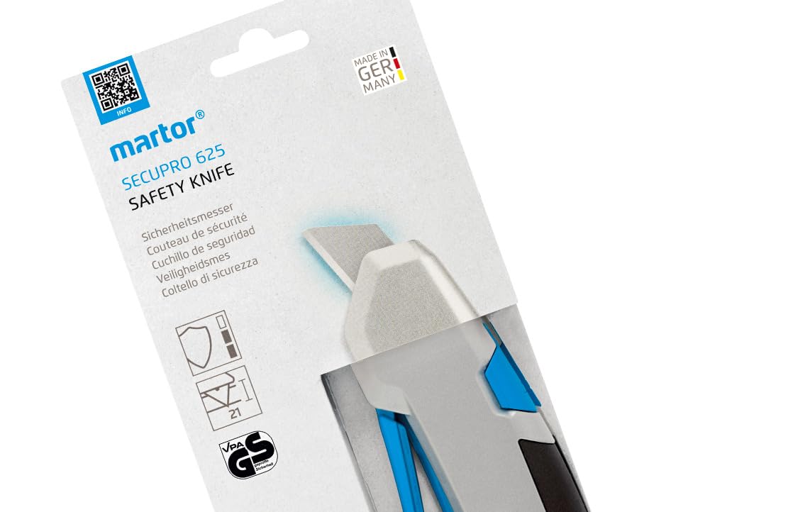 MARTOR SECUPRO 625 Sicherheitsmesser, Klingenrückzug, inkl 10 Ersatzklingen | Zangengriff, Lock-Funktion, Trapezklinge, Karton & Folie, inkl. 10 Ersatzklingen, No. 625001.09