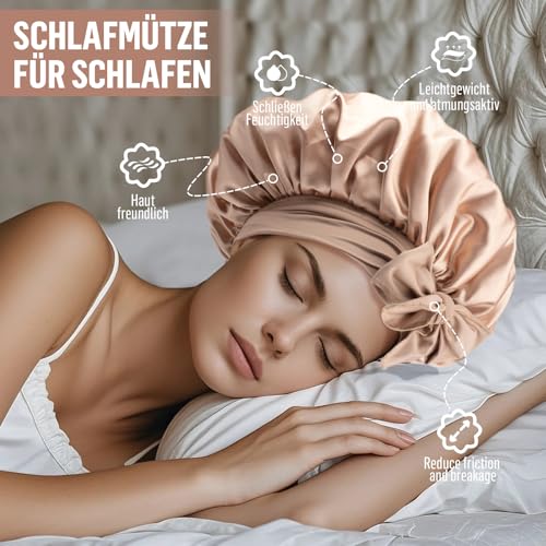 Galsangflower Doppelseitige Satin Schlafhaube mit Band, Doppelschichtige Seidenhaube für Lockiges & Langes Haar, Extra Große Haube für Nächtlichen Haarschutz, Champagner