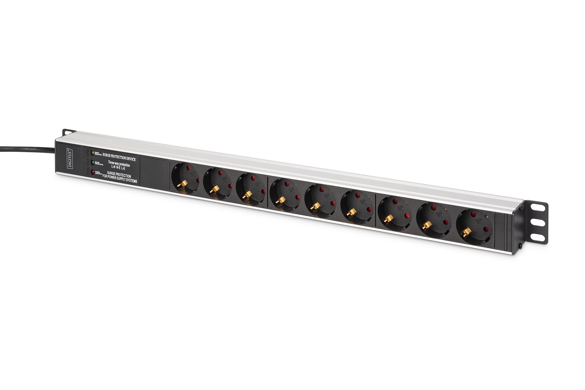 DIGITUS DN-95438 – Presa multipla – 9 prese – Filtro di rete e protezione da sovratensione – Montaggio verticale in armadio di rete o server – 230 V CA 50/60 Hz 16 A 3600 W
