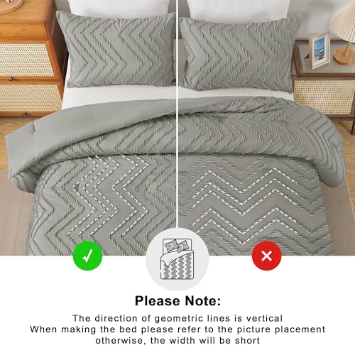 Image of Andency Medium Grey Comforter Set King Size, Boho Soft Warm Tufted Bedding Comforter Sets for King Size Bed, 3 Pieces Aesthetic Chevron Farmhouse Cute Bohemian Textured Bedding Set