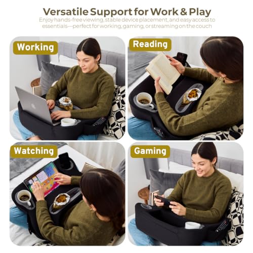 Image of TabCouchCaddy Multifunctional Lap Desk Pillow - Oversized Memory Foam Couch Desk with Cup Holder, Phone Slot & Storage Pockets | Fits Laptops up to 14 inch | Work, Game & Read (Black)
