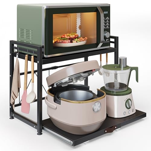 NETEL Pull out Microwave Stand 2 Tier Expandable Microwave oven Rack with 8 Hooks Height Adjustable Oven Stand for Kitchen Width 4060 cm freely adjustable kitchen shelf organiser Black