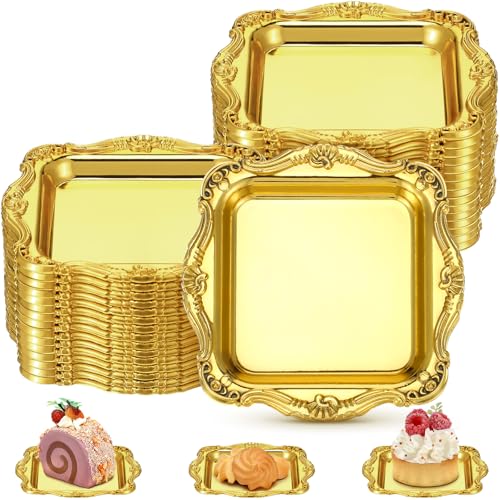 LemonRoad 50 Pcs Mini Square Baroque Dessert Display Trays Mini Elegant Plastic Serving Trays Small Cake Candy Plates for Weddings Parties Hotels Large Celebrations, 3"x3"(Gold)