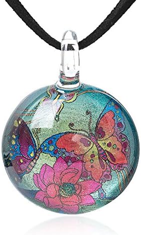 Chuvora Hand Blown Glass Jewelry Butterflies & Flower Retro Round Pendant Necklace, 17-19 Inches