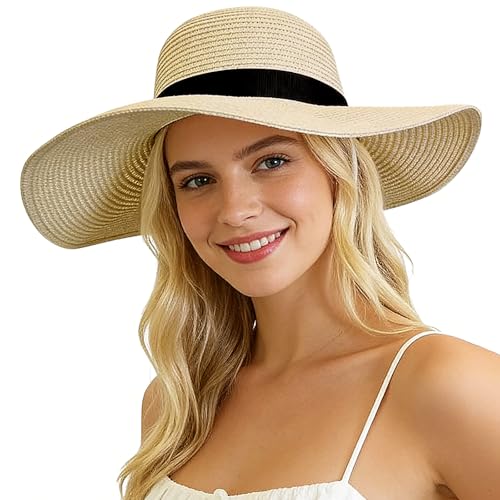 Womens Wide Brim Straw Sun Hat UPF 50+ UV Protection Foldable Summer Beach Travel Hat Black