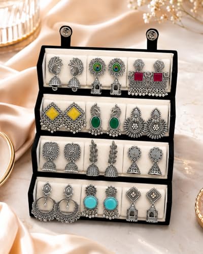 Image of Shining Diva Fashion 12 Pairs Oxidised Silver Earrings Set for Women with Jewellery Organisers Foldable Organizer Box | Traditional Afghani Stylish Jhumka Earring Gifts for Girls (17480er BOX1025)