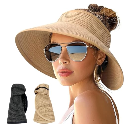 La Mejor Lista de Pamelas para Mujer - los preferidos. 39 NDOOL Sombrero del Sol 2 Unidades, Sombrero de Visera para Mujer, Sombrero Paja, Gorra de Golf Ajustable, Sombrero de Playa, ala Ancha para Verano, Paquete 2 Packs