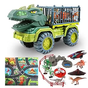 Fivegoes Dinosaur Toys for Kids, Dinosaur Truck Carrier Playset with Dinosaur Figures, Pull Back Cars, Play Mat…