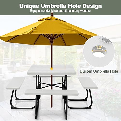 Image of Tangkula 8 Person Picnic Table, Outdoor Square Picnic Table with 4 Built-in Benches, Umbrella Hole, Metal Frame & HDPE Tabletop, Outside Table and Bench Set for Backyard, 2300lbs Weight Capacity