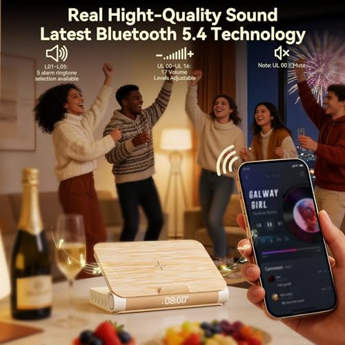 Image of Vivilumens Alarm Clocks Bluetooth Speaker Dual Charging Wireless Bedside Lamp Night Light for Adults Teens with Book Shape Sunrise Wake Up Light for Bedroom Home Decor Gifts for Father(Wooden Grain)