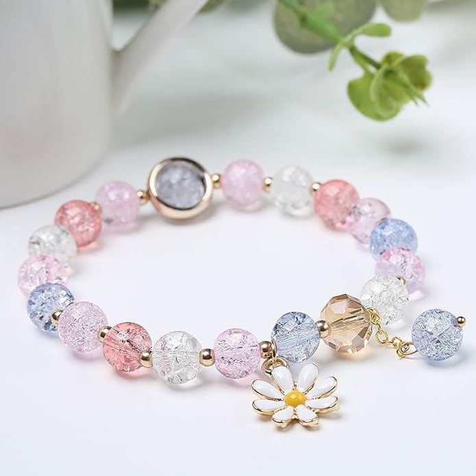 Image of El Regalo 1 PC Dailsy Flower Sparkly Crystal Beads Tassel Bracelet for Girls /Teens /Women- Cute Crackle Beads Daisy Flower Stretch Bracelet