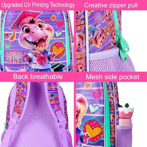 Image of AGSDON 3PCS Dinosaur Backpack for Girls, 16 inch Kids Backpacks with Lunch Box, Water Resistant Girl School Bookbag for Elementary