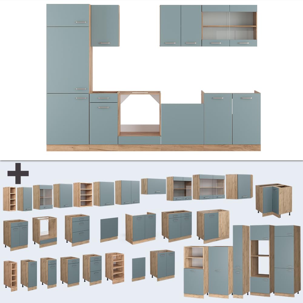 Vicco Mueble de Cocina R-Line, Roble Azul-Gris-Dorado, 300 cm, ET Roble, para disposición Flexible y ampliación con módulos adicionales