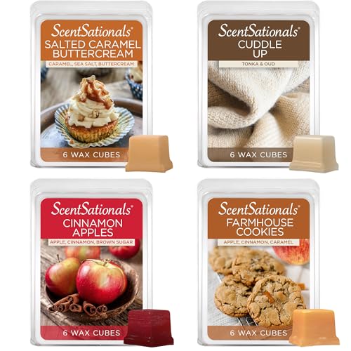 Scentsationals Fall Wax Melts Home Sweet Home 4pk – Long Lasting, Strong Scent Melts for Warmers, Includes Cuddle Up, Cinnamon Apples, Salted Caramel Butter Cream & Farmhouse Cookies, 10oz (24 Cubes)