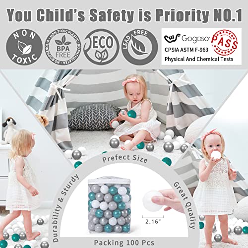 GOGOSO Ball Pit Balls -100pcs BPA Free Balls Crush Proof Stress Balls Toy for Baby Boys Girls Playhouse Pool Birthday Mermaid Party Decoration, 2.2\",Pearl Green+Pearl Gray+Gray+White