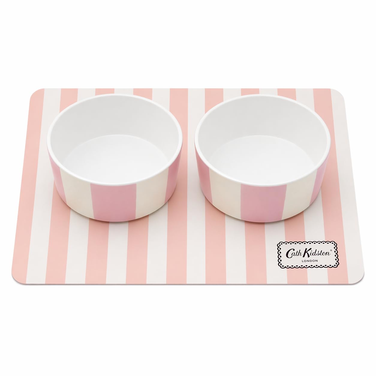 Cath Kidston Matching Dog Bowl & Feeding Mat Gift Set – 2 Dishwasher Safe Ceramic Bowls 400ml, Slip-Resistant Easy Clean Feeding Mat 43 x 28 cm, Cowgirl Stripe Pattern