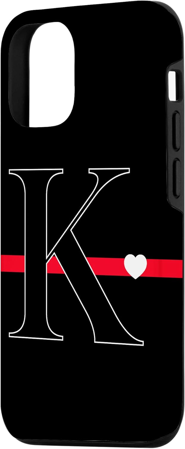 iPhone 13 Black Red Thin Line Monogram Letter K Initial Heart Case