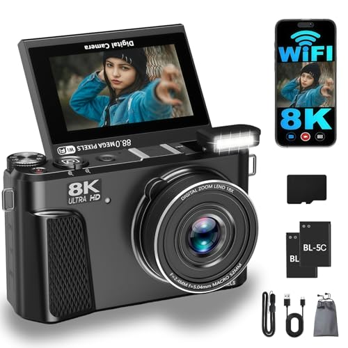 Cámara digital 8K, cámara de vlogging WiFi de 88 MP con pantalla abatible de 180°, enfoque automático, zoom de 18X, tarjeta de 64 GB, 2 baterías, cámaras digitales compactas para principiantes