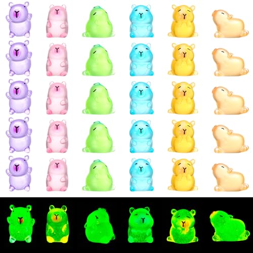 GGSTDDUP 30pcs Luminous Mini Capybara Figurines Tiny Resin Capybara Glow in The Dark Colorful Tiny Capybara for Dollhouse Fairy Garden Capybara Birthday Decorations (6 Styles)