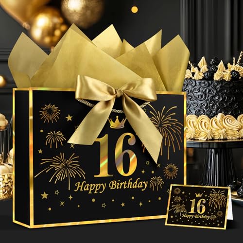 Image of JMANNI Black Gold 16th Birthday Gift Bag with Card and Tissue Paper, 12.6 inchx9.84 inchx3.9 inch Elegant Present Bag for Teens, 16 Year Old Birthday Keepsake Party Supplies