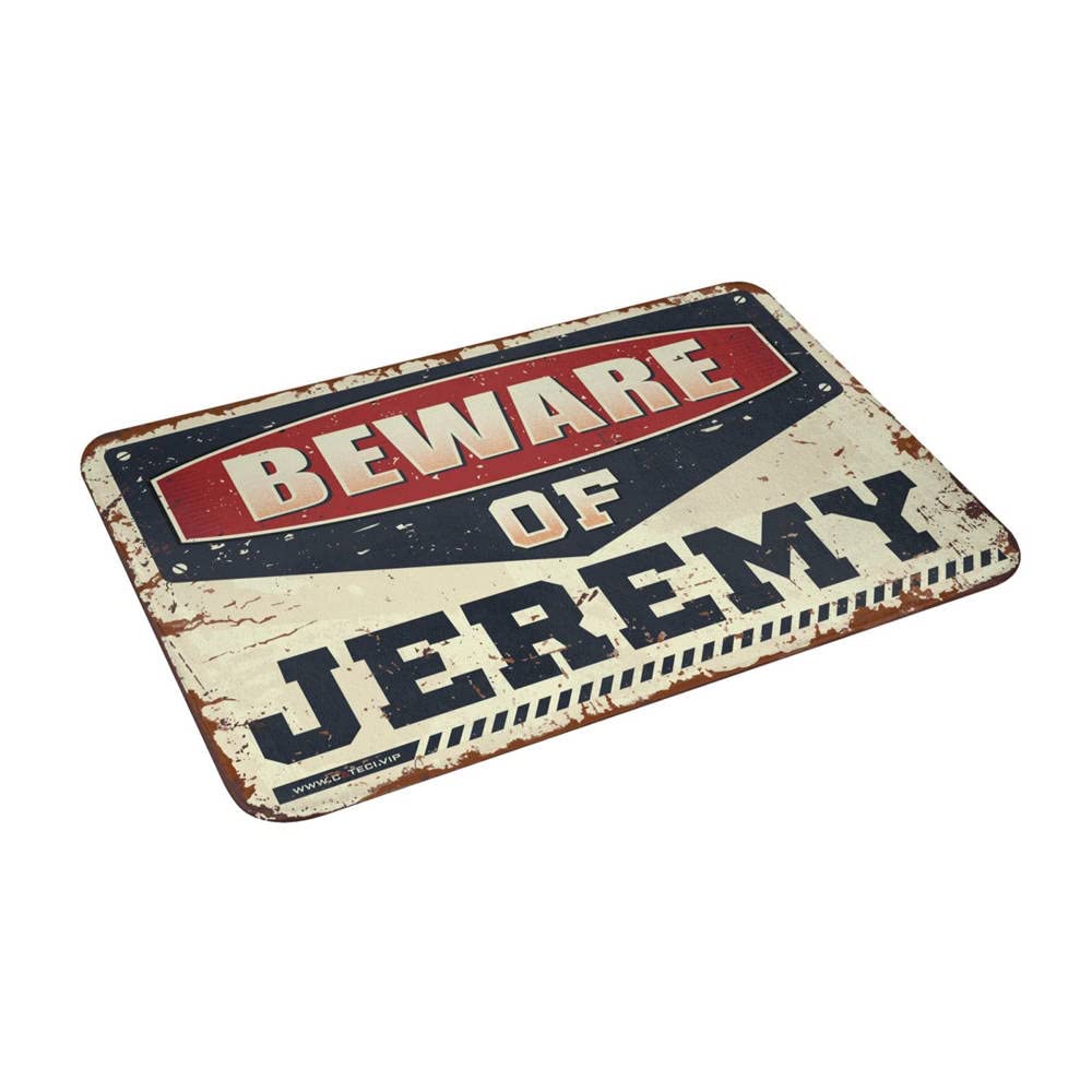 Felpudo de bienvenida para entrada al aire libre, diseño con texto en inglés "Hello Beware of Jeremy", regalo de jardín, decoración retro (65 x 90 cm)