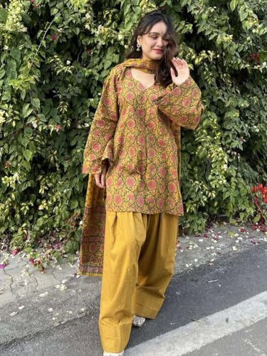 Image of ANNI Designer Farshi Salwar Suit for Women Cotton Printed | Kurta Dupatta Set for Woman | Straight Palazzo Outfit Round Neck V-Slit Long Sleeve Ethnic Dress Stylish Womens Clothing