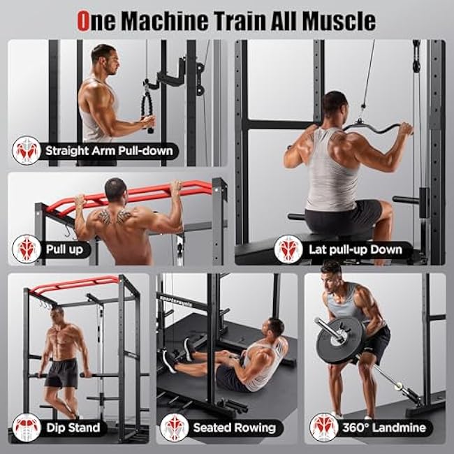 Sportsroyals Power Cage,1600lbs Multi-Function Power Rack with Adjustable Cable Crossover System and More Training Attachment, Weight Cage for Home Gym