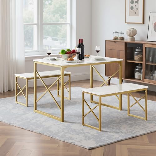 Image of VECELO 43.3 inch Kitchen Dining Table Set for 4, Heavy-Duty Steel Frame & Wood-Grain Tabletop, Space-Saving Dinette Sets with 2 Benches for Breakfast Nook and Small Space, Golden