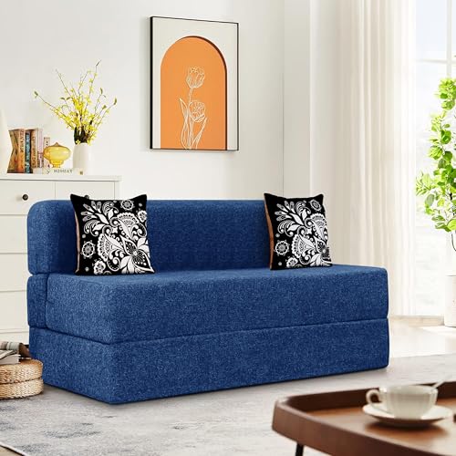 Image of Rosebell Two Seater Sofa Cum Bed 4x6 Feet with Washable Jute Fabric Cover and Cushions Ideal for Home Office Guest Room Use Blue Color