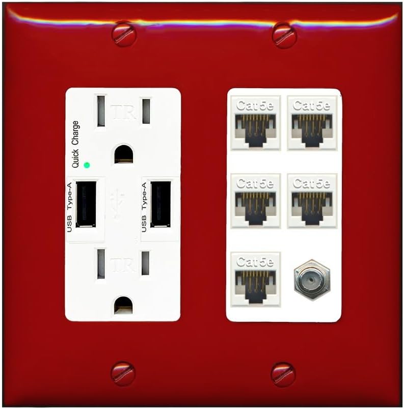 RiteAV 5 Port Cat5e Ethernet and 1 x Coax Wall Plate - USB Outlet [Red/White]