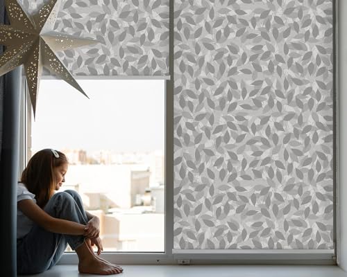 Store enrouleur perméable feuilles grises 130x240cm, l'élégance sans perçage