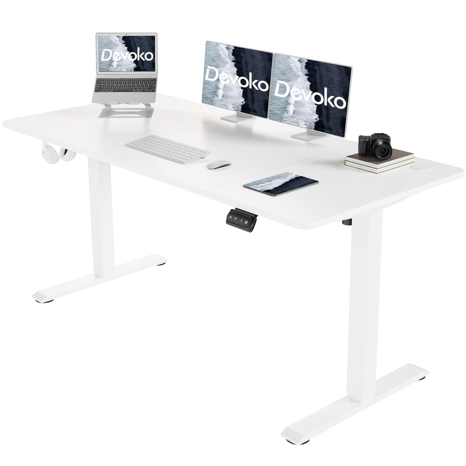 Devoko 140×60cm Escritorio Regulable en Altura, Escritorio Eléctrico con Gancho, 71-119 cm, Escritorio De Oficina 2 Opciones De Memoria Inteligente, Adecuado para Estudio y Oficina（Blanco）