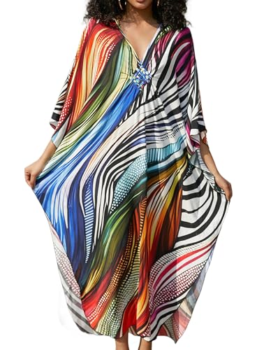 Image of Yanziliu Kaftan Dress for Women,Plus Size Hawaiian Batwing Sleeve Beach Cover Up Summer Swimsuit Dresses