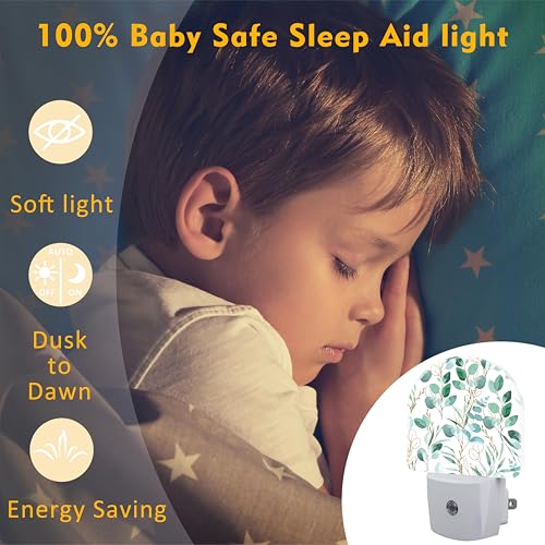 Image of Green and Gold Eucalyptus Leaves Night Light Plug into Wall,Watercolor Botanical Leaves Dusk to Dawn Night Light,0.5w Energy Saving Sleep Friendly Nightlights for Kids Boys Girls Home Decor