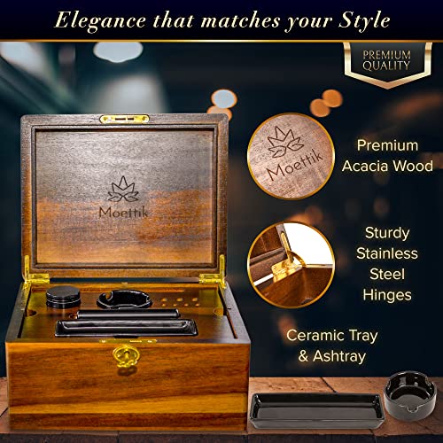 Moettik Premium Acacia Storage Box - Smell Proof Locking Design with Accessories - Removable Wood Tray, 3 Glass Jars, Storage Tube, Ceramic Tray, Brush, Brown, Upgraded Design 2024 - Image 3