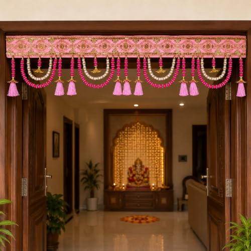 Image of ONESTA Premium Pink Decorative Door Toran for Main Door | Handmade Traditional Bandarwal with Pearl Beads Golden Bells & Tassels | Festive Door Hanging for Diwali Wedding Housewarming Navratri & Home Decor 3 Feet (Size 36 Inch Pack 01)