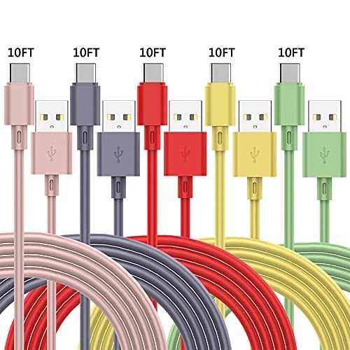 5 Pack (10FT) USB C Cable 2.4A Fast Charger USB Type c Cable for iPad Pro 2020 iPad Air 4 Samsung Galaxy S9 S8 Note 9 Note 8 Galaxy Note 20 10 S21 S20 S10 Plus Quick Data Cord