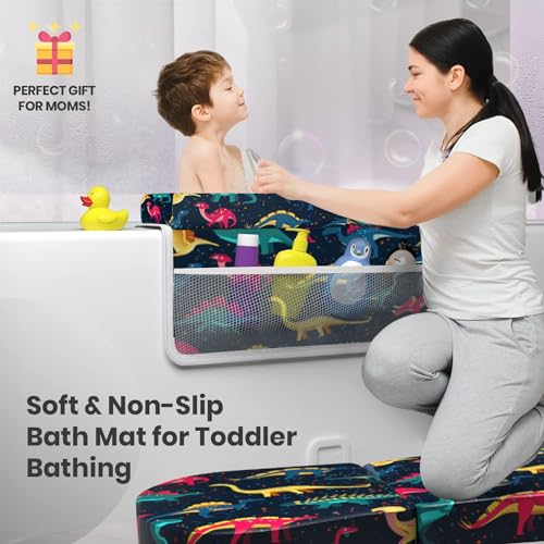 Image of Baby Bath Kneeler and Elbow Rest Pad 2 Pieces Set with 3 Spacious Pocket to Organize Baby Acessories, 1.5 inch Thick Non-Slip, Soft, Fast-Drying Foldable Toddler Bath (Multi-Color Dino)